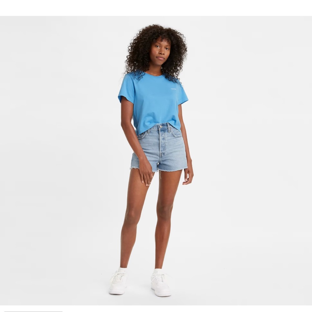 Levi’s ribcage super high waist light wash cut off shorts